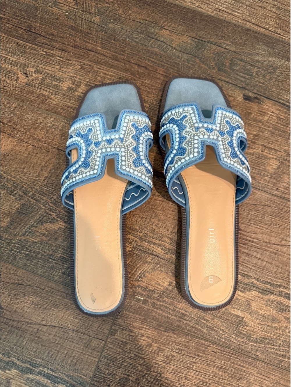Madden Girl Women's Blue Beaded Slide Sandals Size 8 with Square Toe